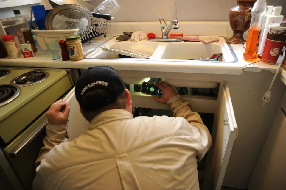 Pest Control Technician — Residential Service — Pest Control Technician, Baseball Cap, Smartphone, Pest Control, HVAC in Bur…